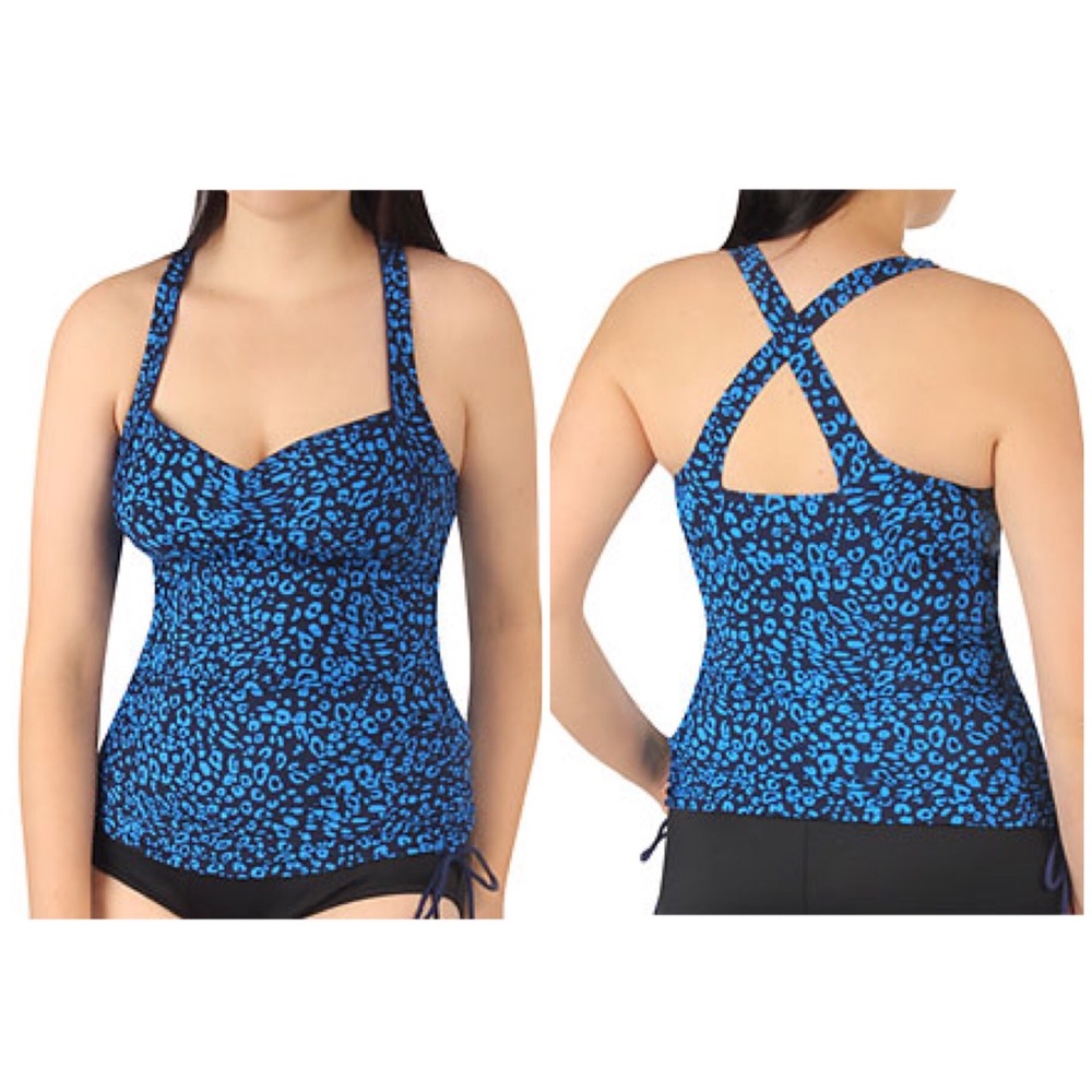 SPEEDO Cross-Back Tankini Swim Top, On Safari Blue Leopard Print, Women’s Size 8